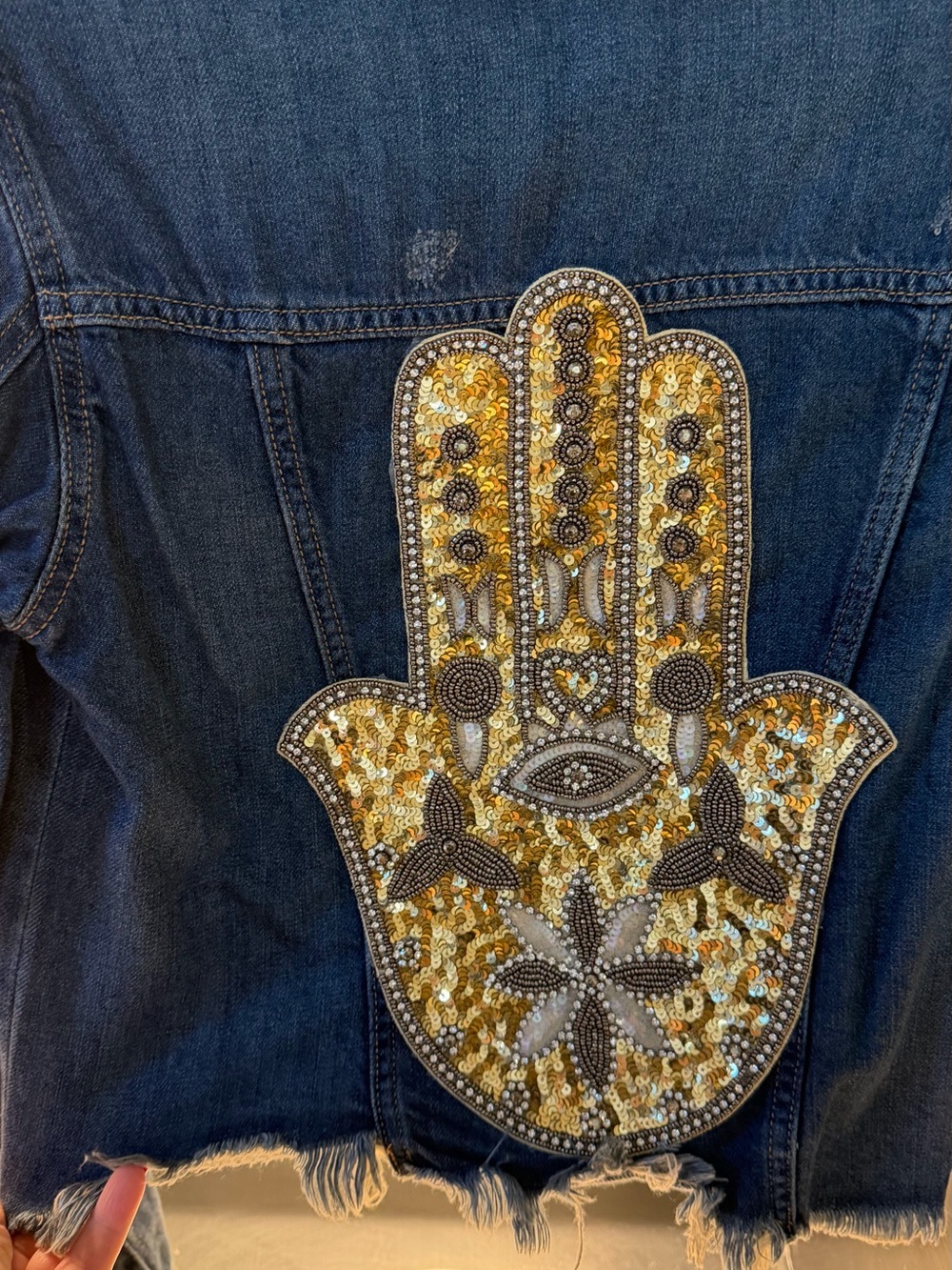 Dark Blue Denim Jacket with Gold Sequin Hamsa Patch